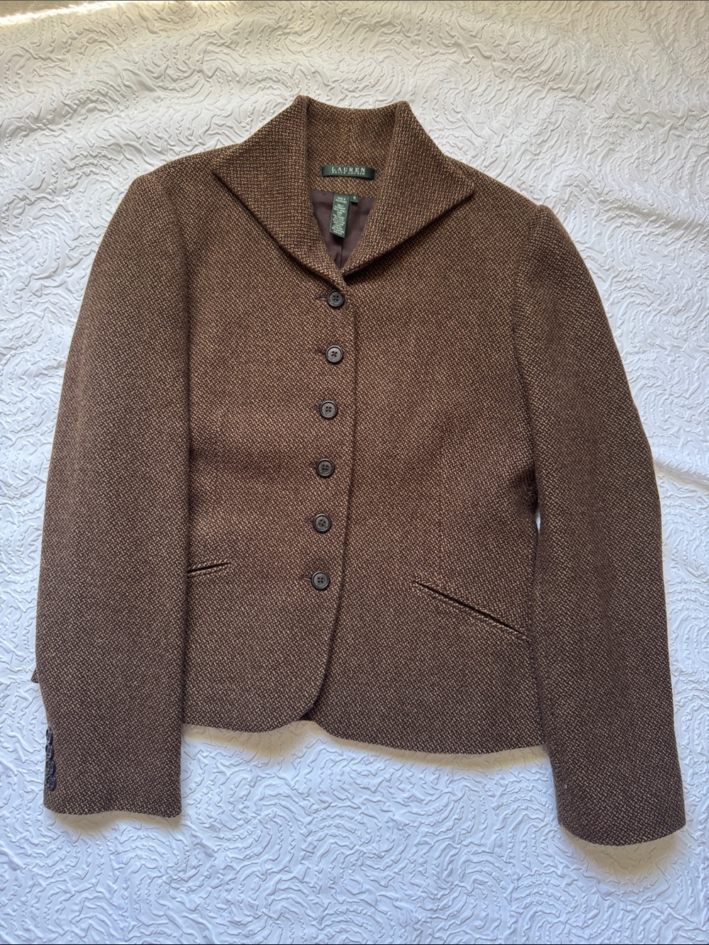 Lauren Ralph Lauren Brown Textured Shawl Collar Button Blazer